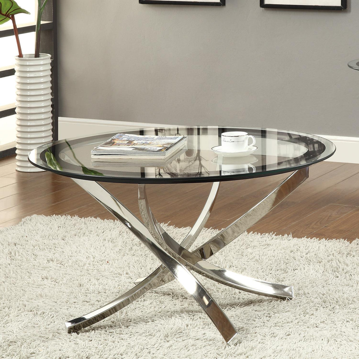【引取限定】Glass Top Table Coaster Furniture Brooke 702588 Round Glass Top Coffee Table Metal Bas