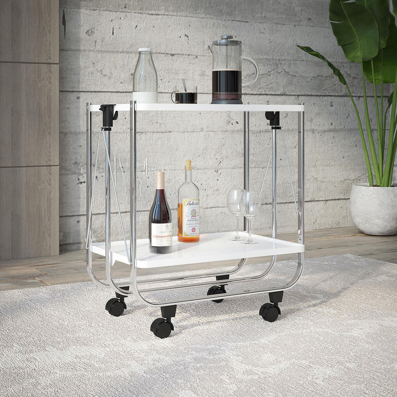 Worldwide Home Furnishings Sumi 556-092WT 2-Tier Folding Bar Cart - White and Chrome IMAGE 2