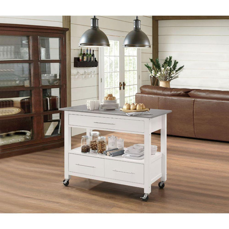 Acme Furniture Ottawa 98330 Kitchen Cart - White & Stainless Steel IMAGE 2