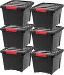 IRIS USA 18 L Plastic Storage Box with Lid and Latches - 6 Pack - BPA-Free, Garage Organizing Solution, Durable Nestable Stackable Containers, Secure Pull Handle - Black 63427