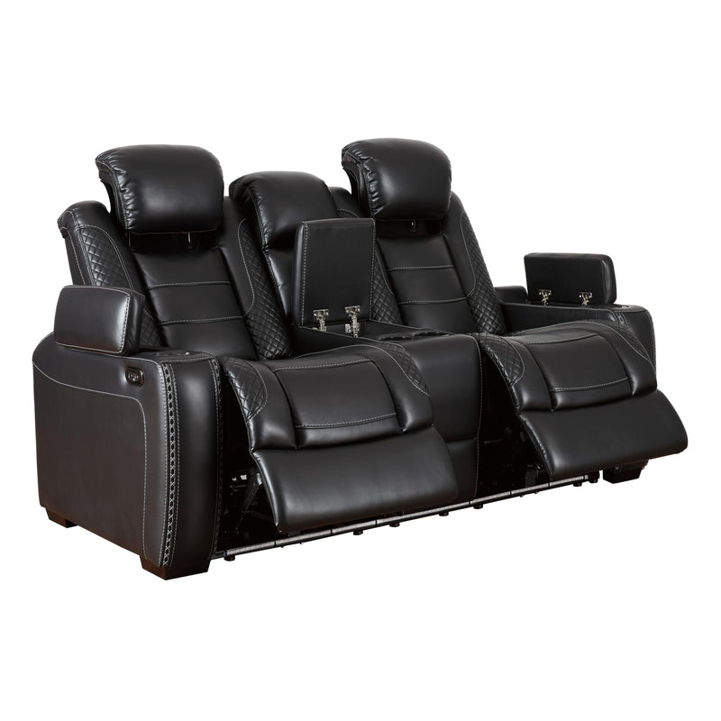 Signature Design by Ashley Party Time Power Reclining Leather Look Loveseat with Console 3700318C IMAGE 2