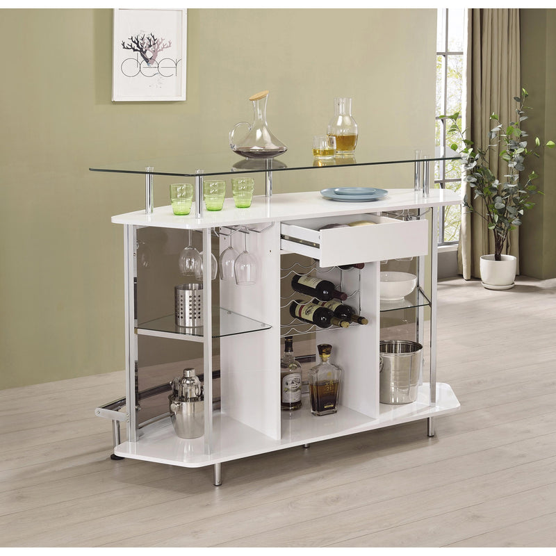 Coaster Furniture Gideon 182235 Crescent Shaped Glass Top Bar Unit With Drawer IMAGE 5