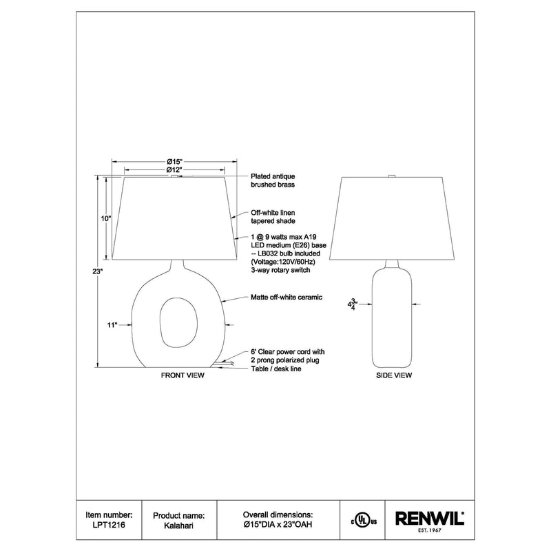  Renwil Kalahari LPT1216 Table Lamp IMAGE 5