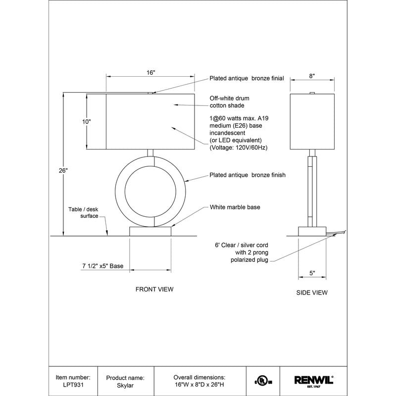 Renwil Skylar LPT931 Table Lamp IMAGE 5