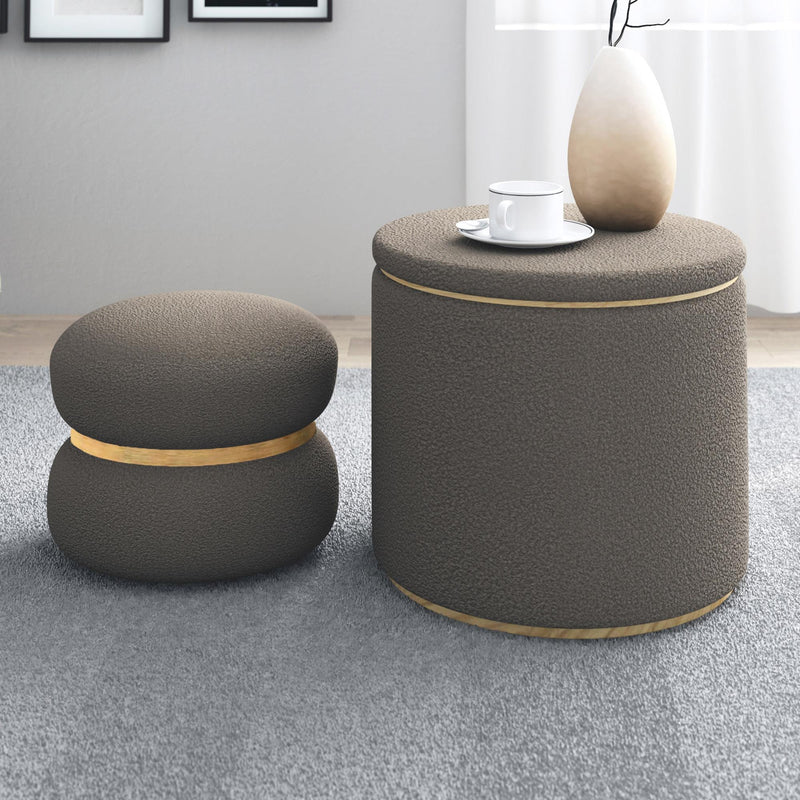 !nspire Cecily 402-951WGY 2pc Round Ottoman w/Storage - Warm Grey Boucle IMAGE 2