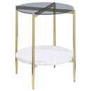 Coaster Furniture Jonelle 710337 Round Glass Top End Table - White Marble Shelf Gold IMAGE 1