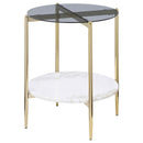 Coaster Furniture Jonelle 710337 Round Glass Top End Table - White Marble Shelf Gold IMAGE 4